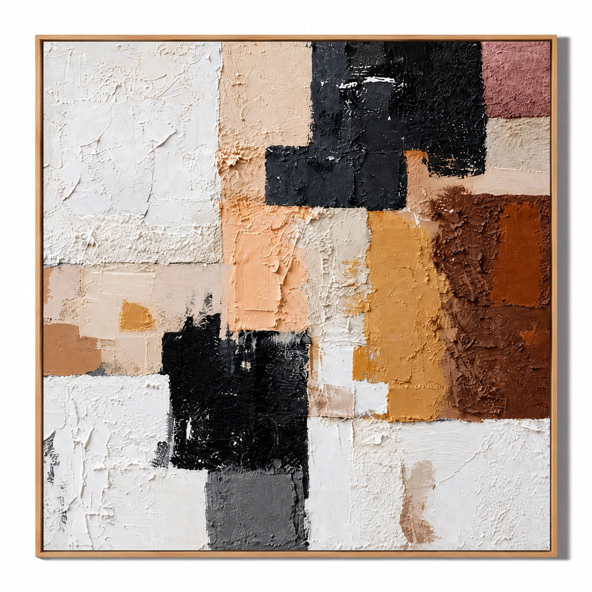 Ownanart Hand-Painted Terracotta Peach Black and White Geometric Abstract Oil Painting – 3D Textured Square Impasto Canvas Wall Art for Living Room Bedroom Entryway and Office