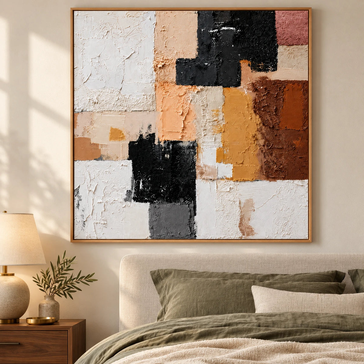 Ownanart Hand-Painted Terracotta Peach Black and White Geometric Abstract Oil Painting – 3D Textured Square Impasto Canvas Wall Art for Living Room Bedroom Entryway and Office