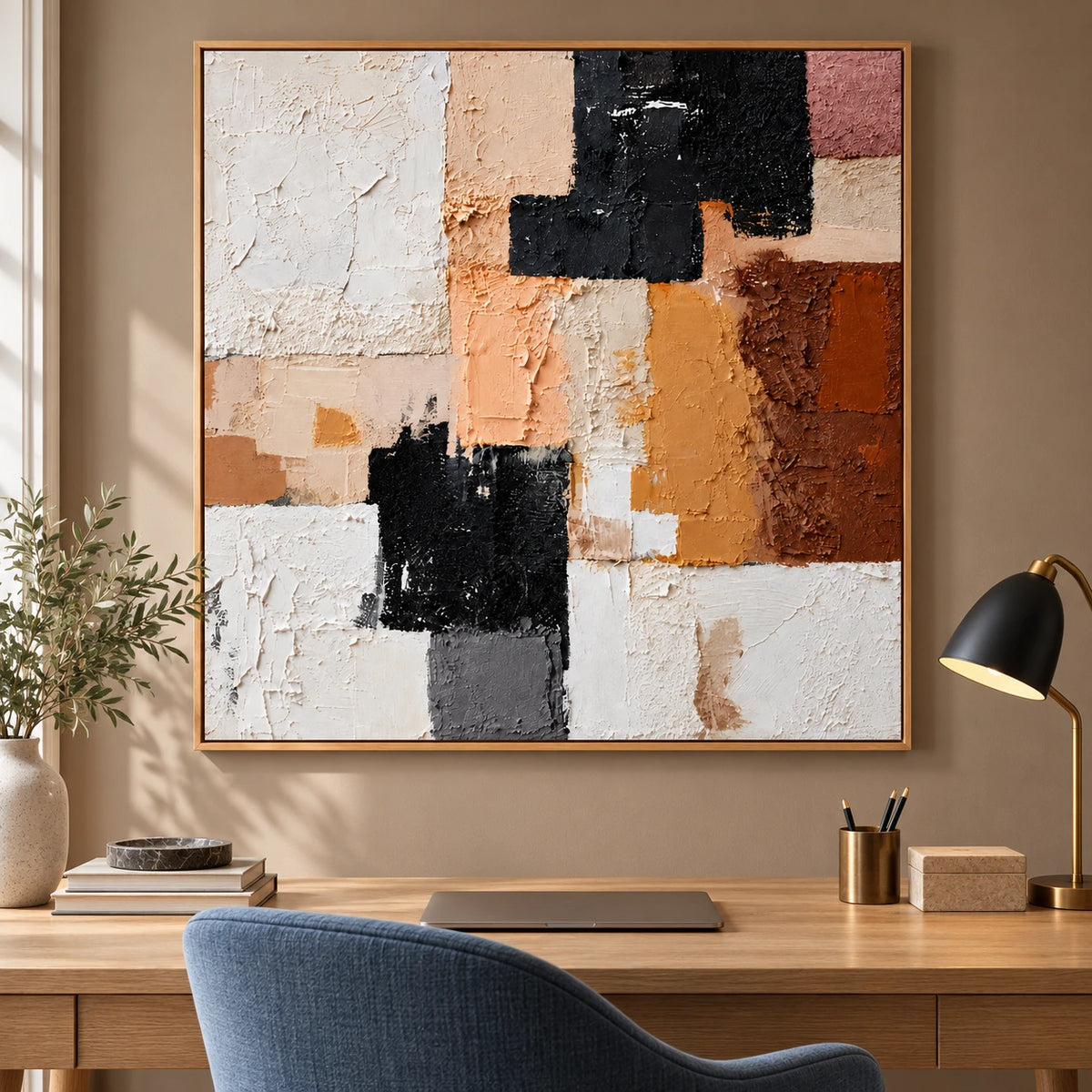 Ownanart Hand-Painted Terracotta Peach Black and White Geometric Abstract Oil Painting – 3D Textured Square Impasto Canvas Wall Art for Living Room Bedroom Entryway and Office