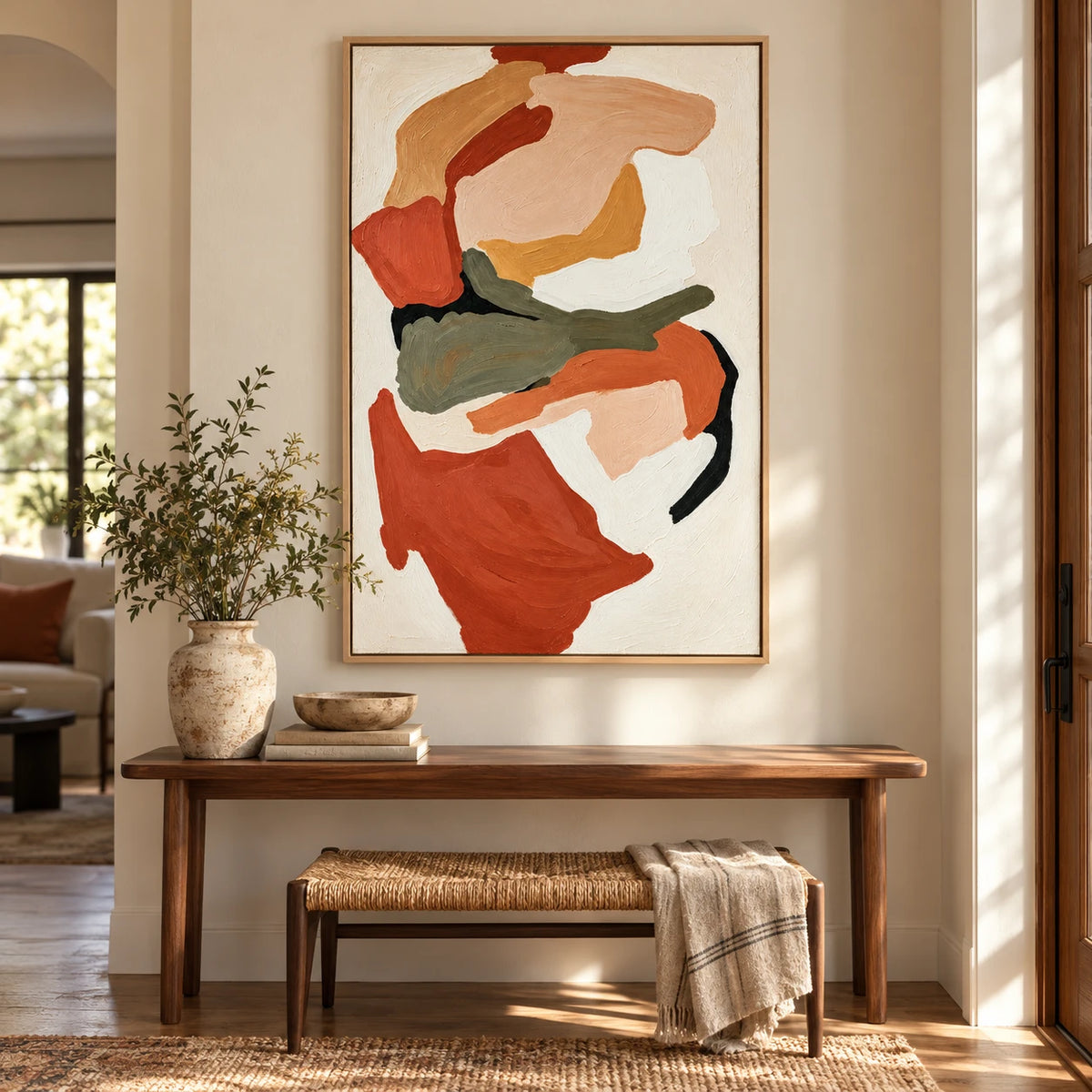 Ownanart Hand-Painted Terracotta Peach Olive Green and Cream Organic Abstract Oil Painting – 3D Textured Vertical Impasto Canvas Wall Art for Living Room Bedroom Entryway and Office