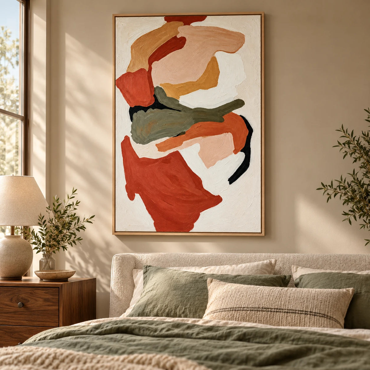 Ownanart Hand-Painted Terracotta Peach Olive Green and Cream Organic Abstract Oil Painting – 3D Textured Vertical Impasto Canvas Wall Art for Living Room Bedroom Entryway and Office