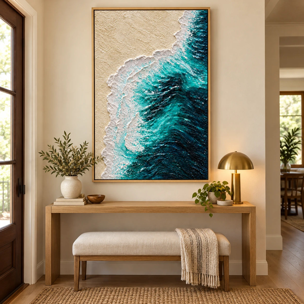 Ownanart Hand-Painted Turquoise Ocean Wave and Sandy Beach Oil Painting – Textured Vertical Canvas Wall Art for Living Room and Office