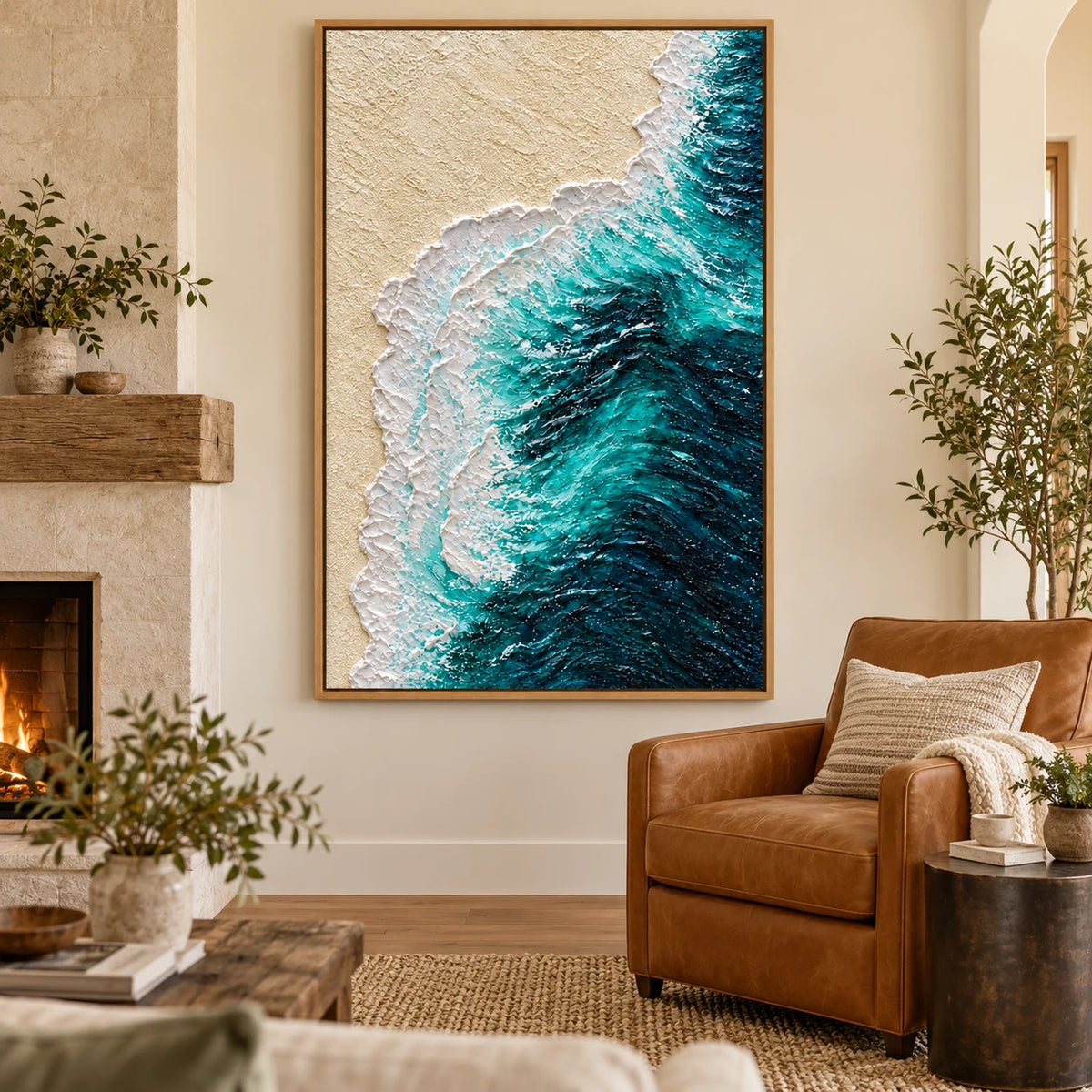 Ownanart Hand-Painted Turquoise Ocean Wave and Sandy Beach Oil Painting – Textured Vertical Canvas Wall Art for Living Room and Office