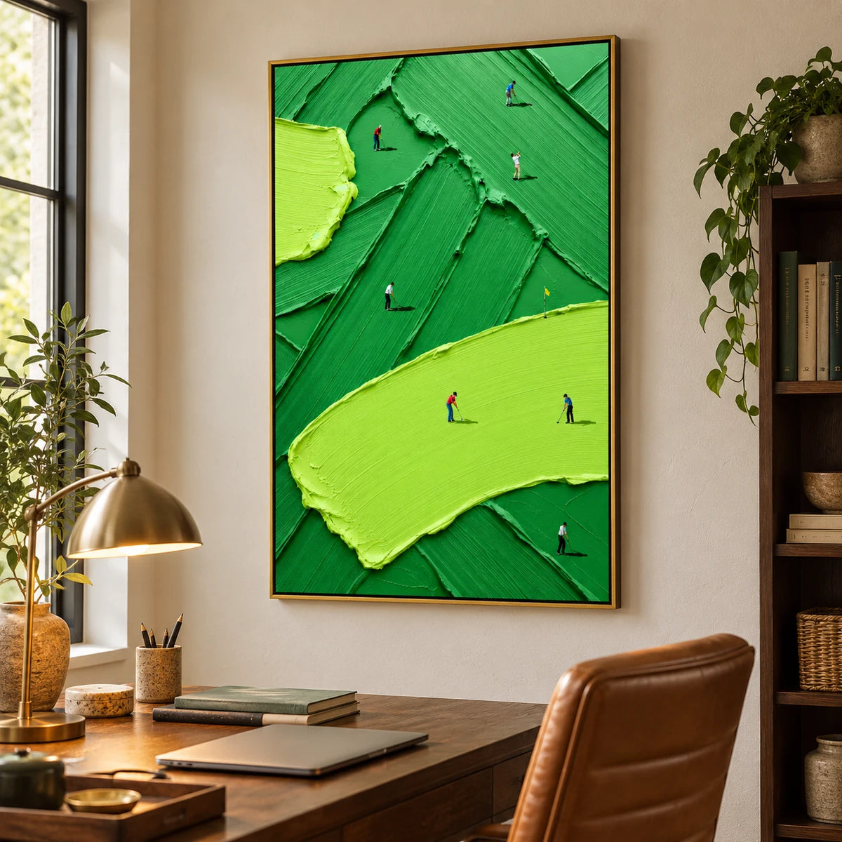 Ownanart Hand-Painted Vertical Abstract Golf Course Oil Painting – Vertical abstract sports canvas, textured golf wall art, Original Canvas Art for Living Room and Office
