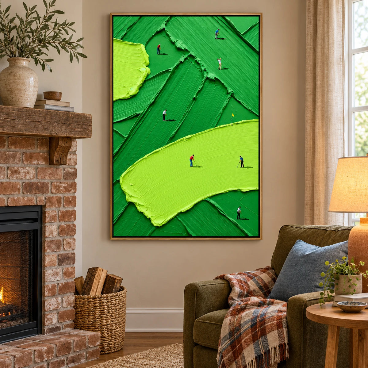 Ownanart Hand-Painted Vertical Abstract Golf Course Oil Painting – Vertical abstract sports canvas, textured golf wall art, Original Canvas Art for Living Room and Office