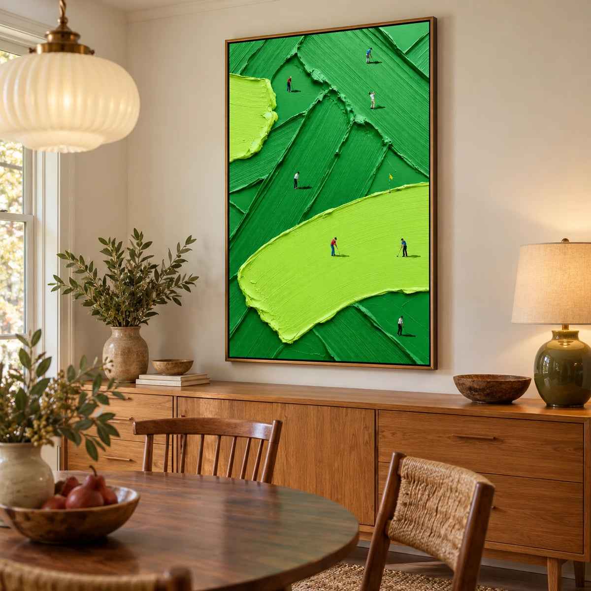 Ownanart Hand-Painted Vertical Abstract Golf Course Oil Painting – Vertical abstract sports canvas, textured golf wall art, Original Canvas Art for Living Room and Office