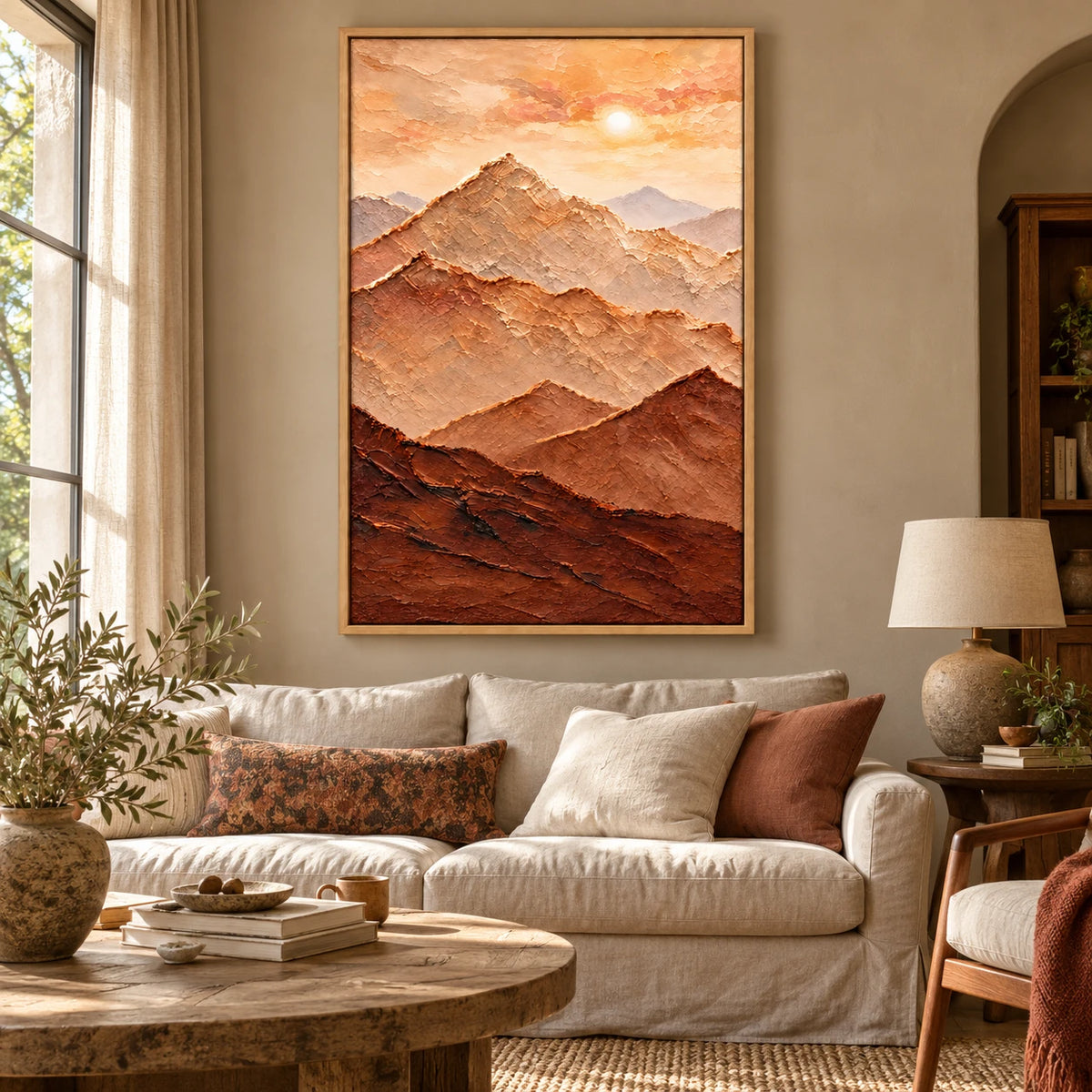 Ownanart Hand-Painted Warm Terracotta Mountain Layers and Sun Oil Painting – Neutral Textured Abstract Landscape, 3D Textured Vertical Canvas Wall Art for Living Room Bedroom Entryway and Office