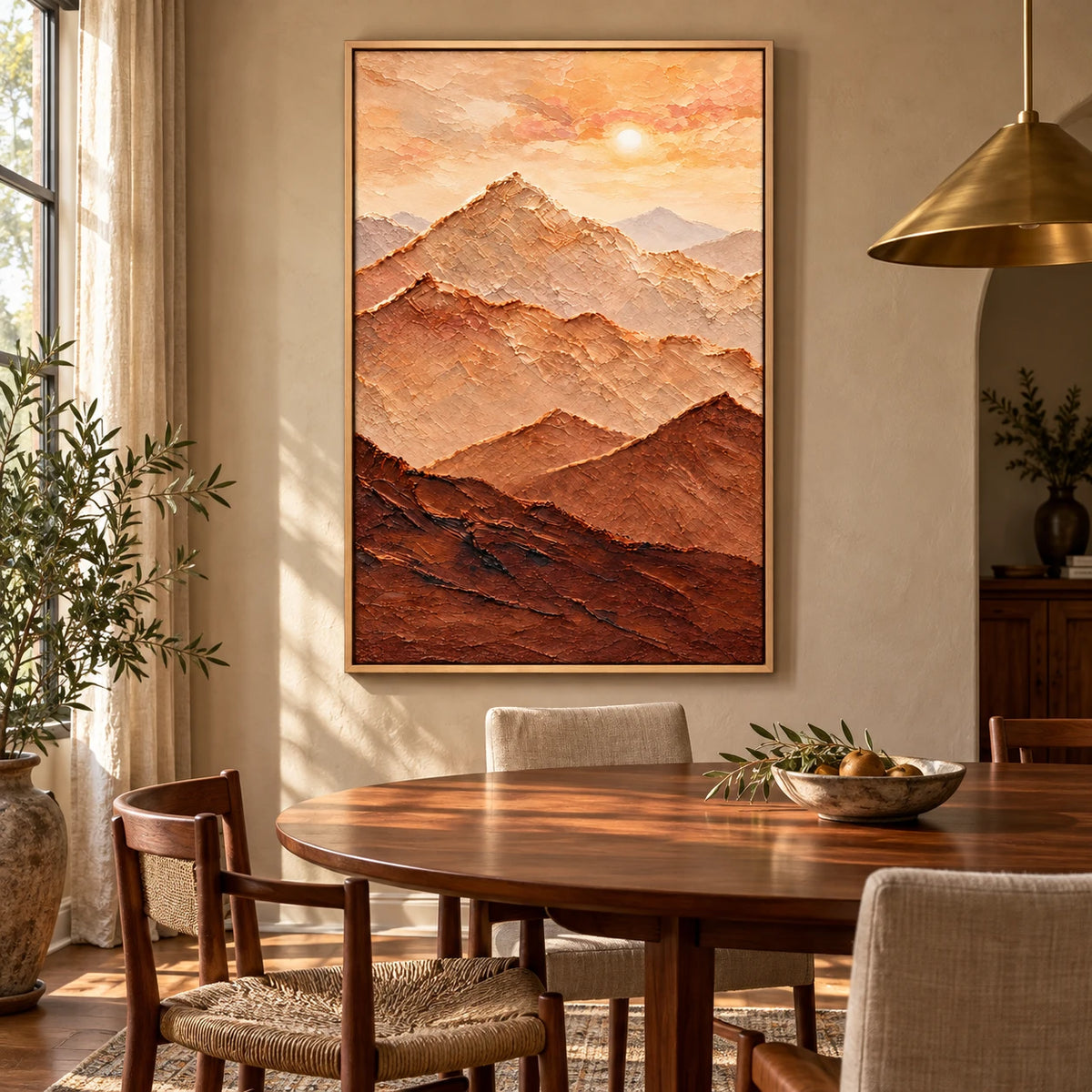 Ownanart Hand-Painted Warm Terracotta Mountain Layers and Sun Oil Painting – Neutral Textured Abstract Landscape, 3D Textured Vertical Canvas Wall Art for Living Room Bedroom Entryway and Office