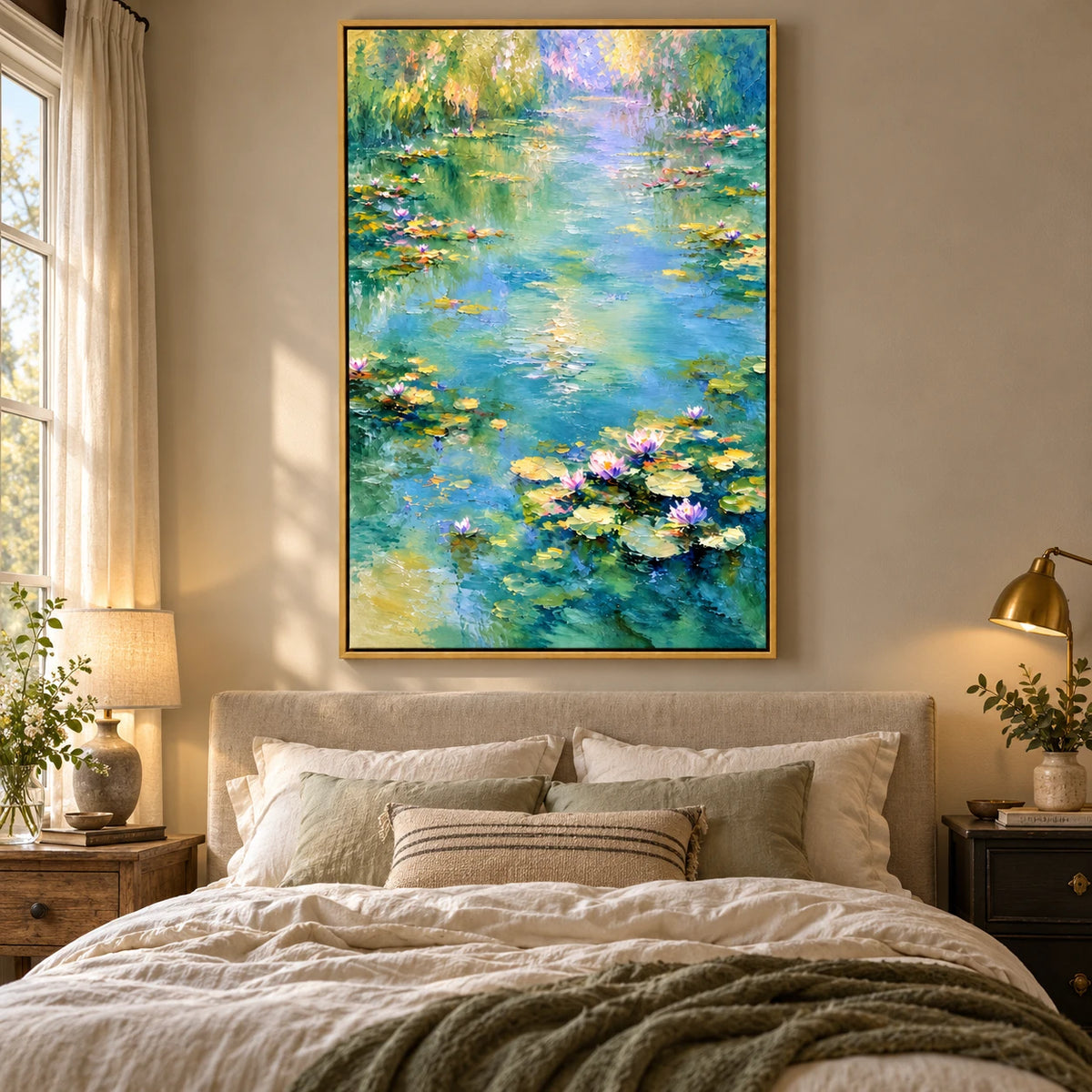 Ownanart Hand-Painted Water Lily Pond with Willow Reflections Oil Painting – Impressionist Floral Waterscape, 3D Textured Vertical Canvas Wall Art, Original Painting for Living Room Bedroom Entryway and Office