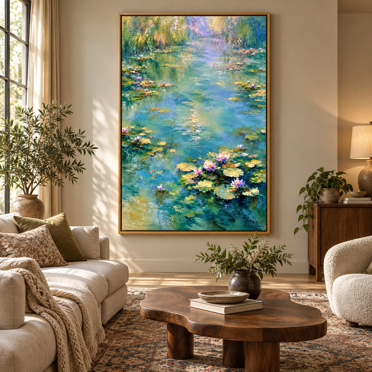 Ownanart Hand-Painted Water Lily Pond with Willow Reflections Oil Painting – Impressionist Floral Waterscape, 3D Textured Vertical Canvas Wall Art, Original Painting for Living Room Bedroom Entryway and Office