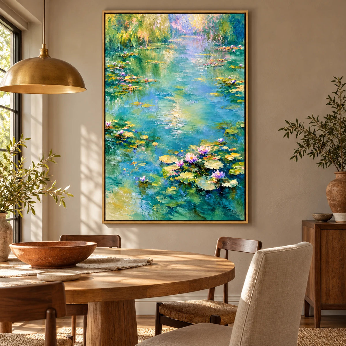 Ownanart Hand-Painted Water Lily Pond with Willow Reflections Oil Painting – Impressionist Floral Waterscape, 3D Textured Vertical Canvas Wall Art, Original Painting for Living Room Bedroom Entryway and Office