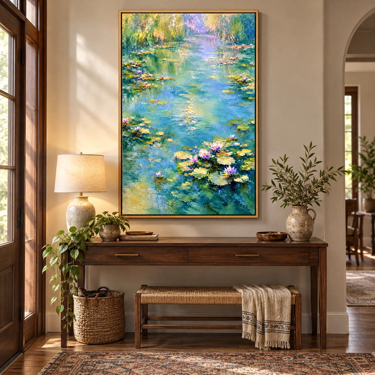 Ownanart Hand-Painted Water Lily Pond with Willow Reflections Oil Painting – Impressionist Floral Waterscape, 3D Textured Vertical Canvas Wall Art, Original Painting for Living Room Bedroom Entryway and Office