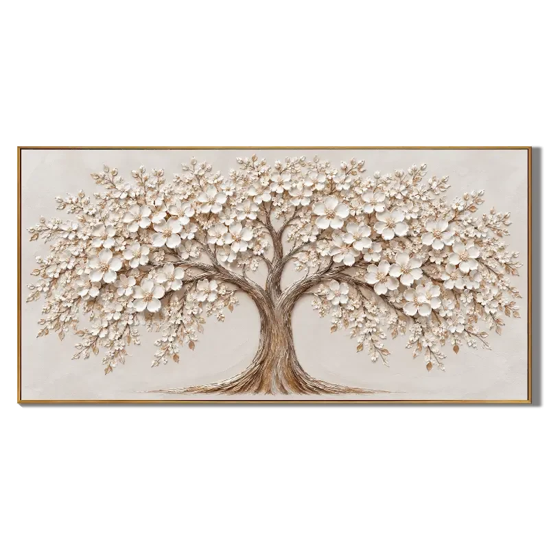 Ownanart Hand-Painted White Blossom Tree Oil Painting – Large Horizontal textured floral canvas, neutral tree wall art, Original Canvas Art for Living Room and Office