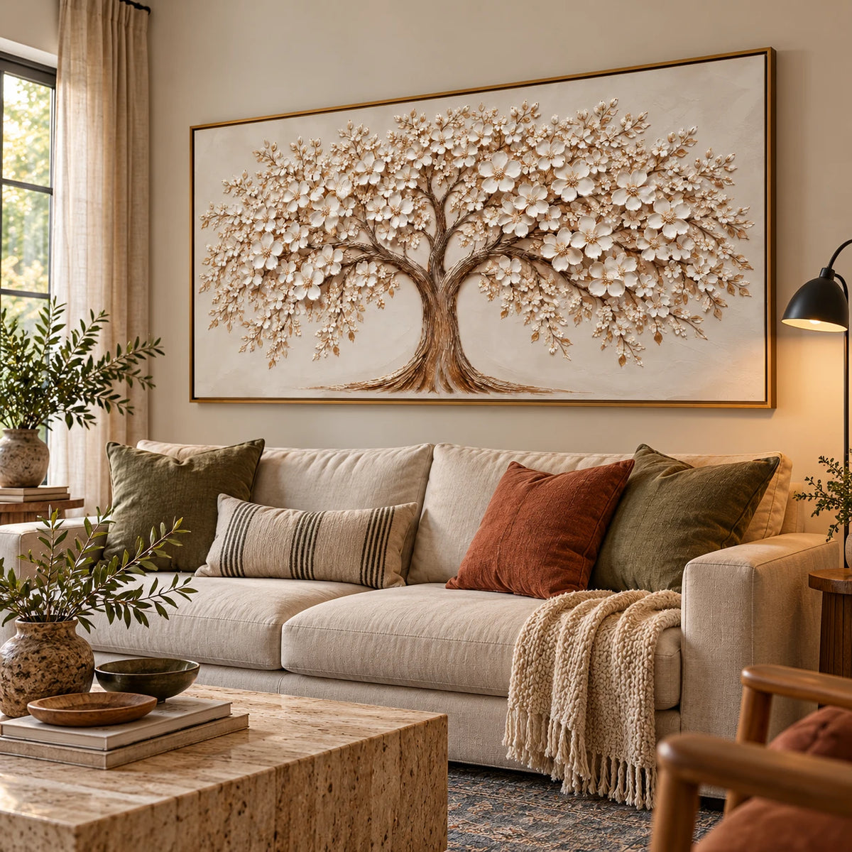Ownanart Hand-Painted White Blossom Tree Oil Painting – Large Horizontal textured floral canvas, neutral tree wall art, Original Canvas Art for Living Room and Office