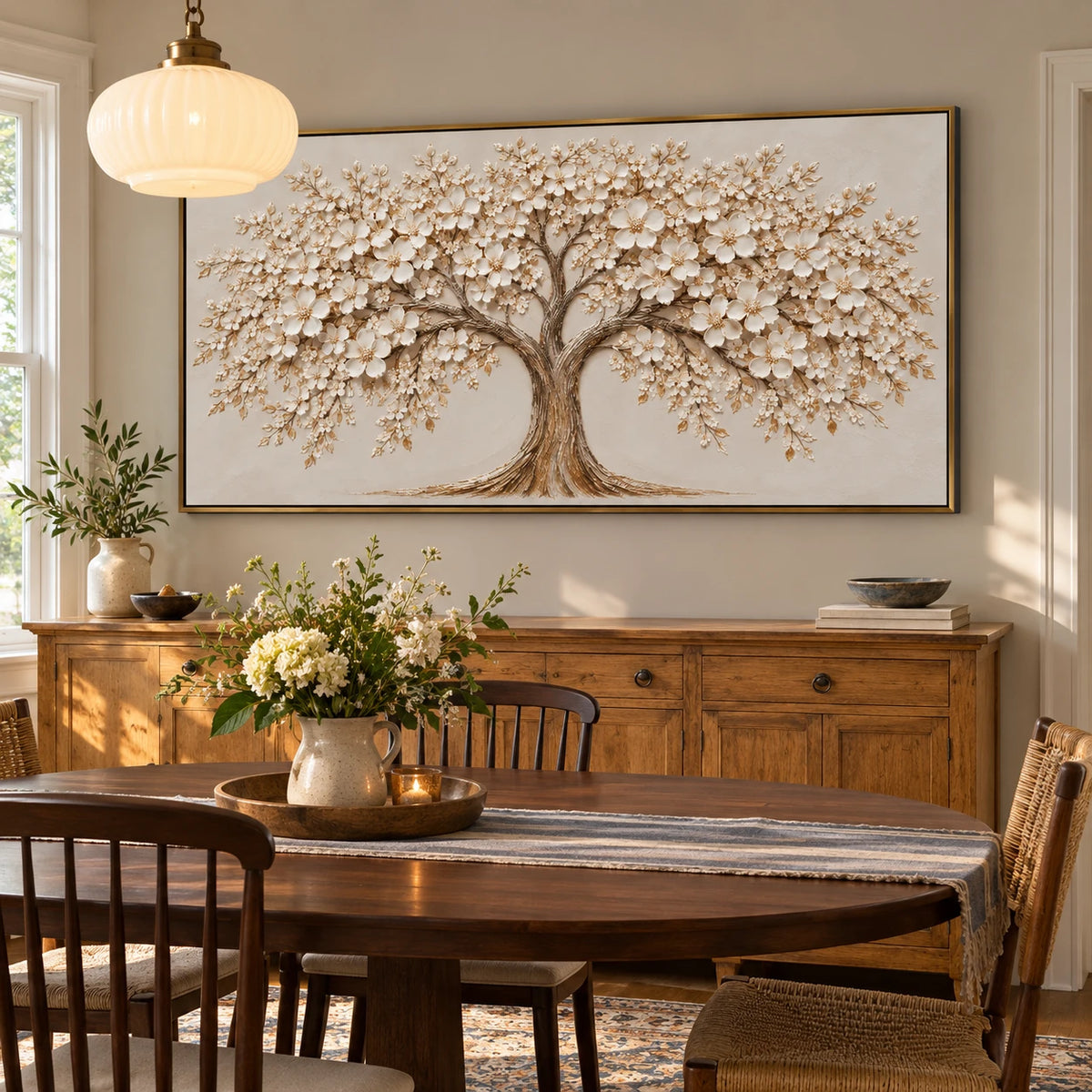 Ownanart Hand-Painted White Blossom Tree Oil Painting – Large Horizontal textured floral canvas, neutral tree wall art, Original Canvas Art for Living Room and Office