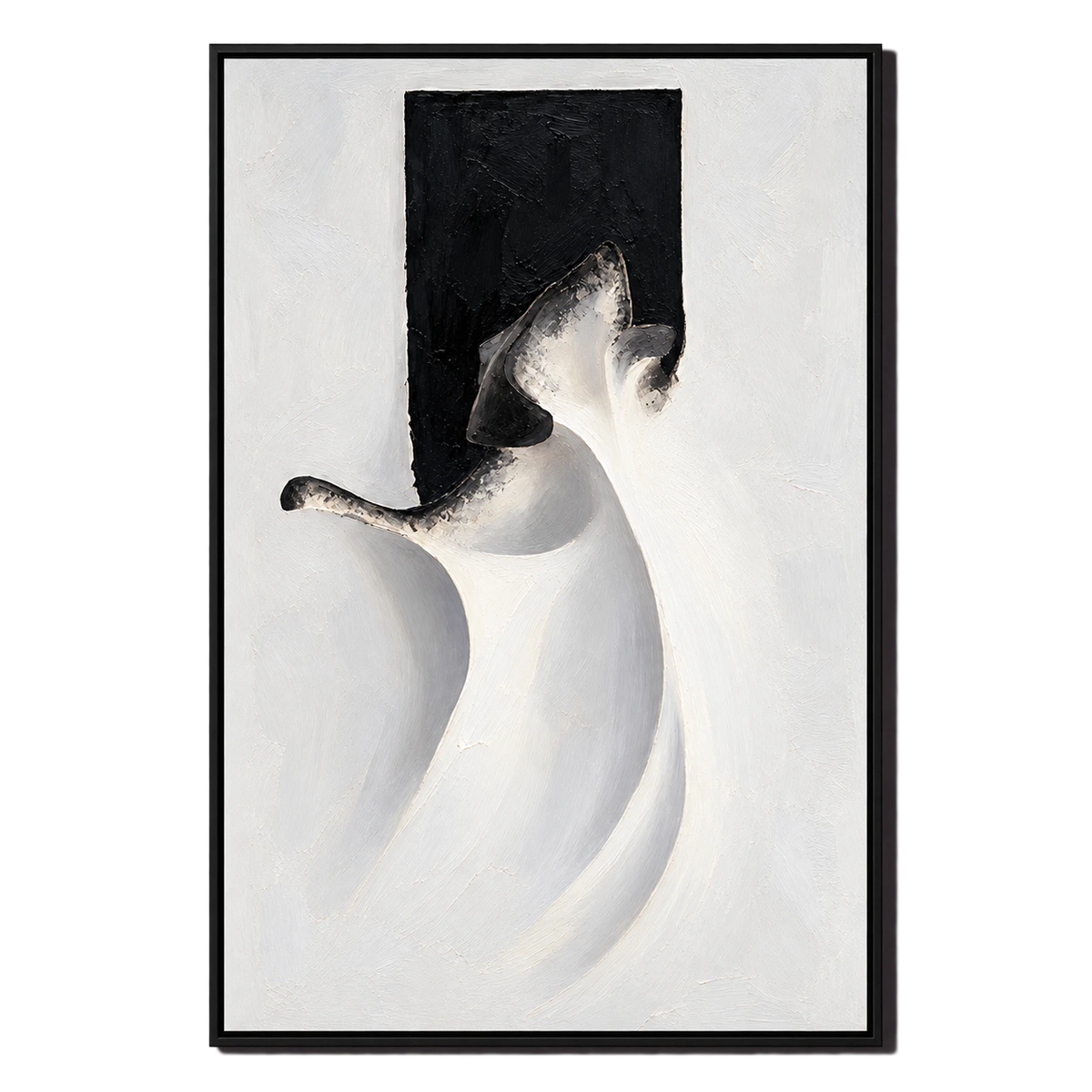 Ownanart Hand-Painted White Drapery and Black Abstract Figure Oil Painting – Textured Vertical Canvas Wall Art for Living Room and Office