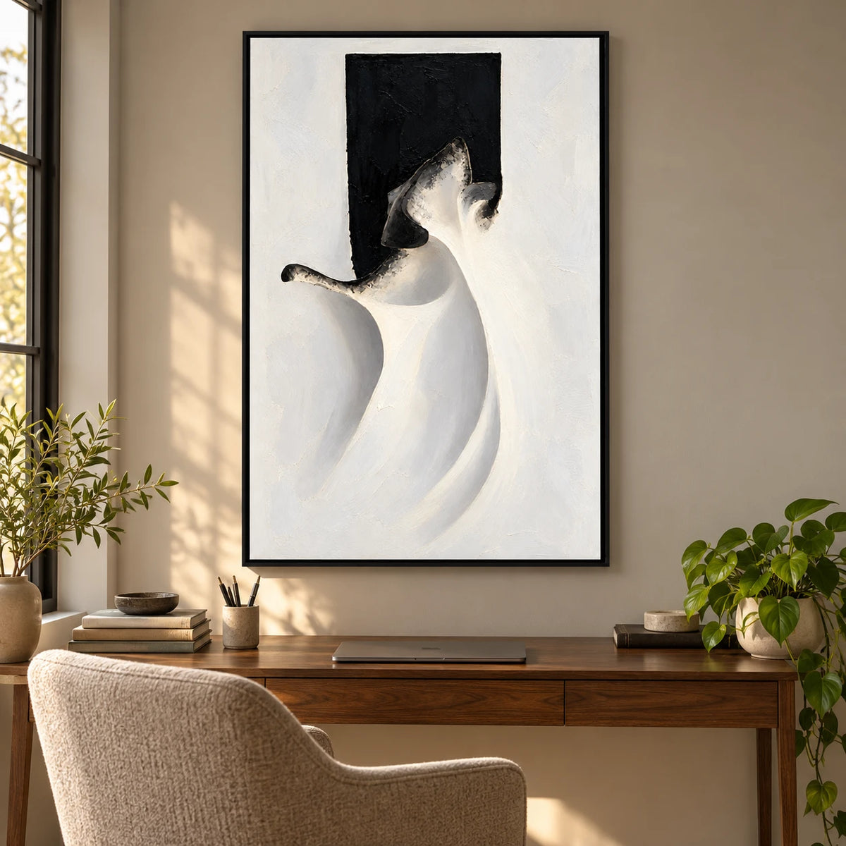 Ownanart Hand-Painted White Drapery and Black Abstract Figure Oil Painting – Textured Vertical Canvas Wall Art for Living Room and Office