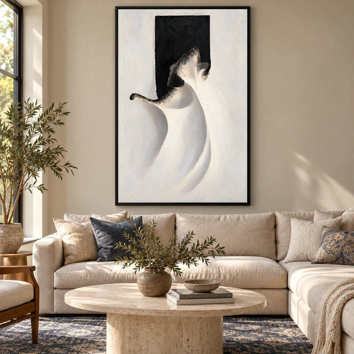Ownanart Hand-Painted White Drapery and Black Abstract Figure Oil Painting – Textured Vertical Canvas Wall Art for Living Room and Office