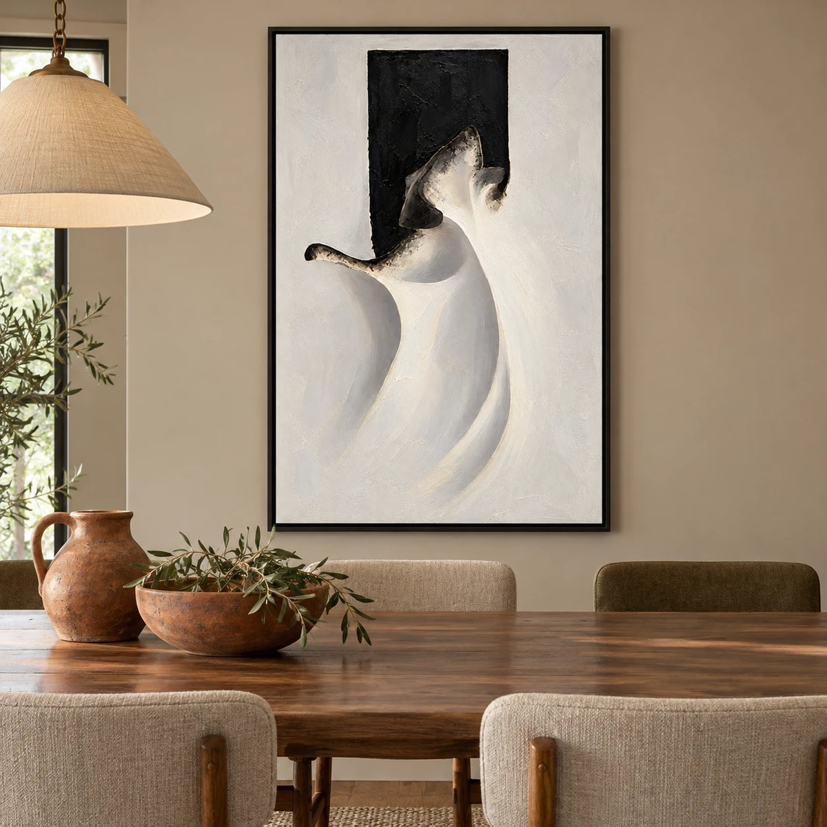 Ownanart Hand-Painted White Drapery and Black Abstract Figure Oil Painting – Textured Vertical Canvas Wall Art for Living Room and Office