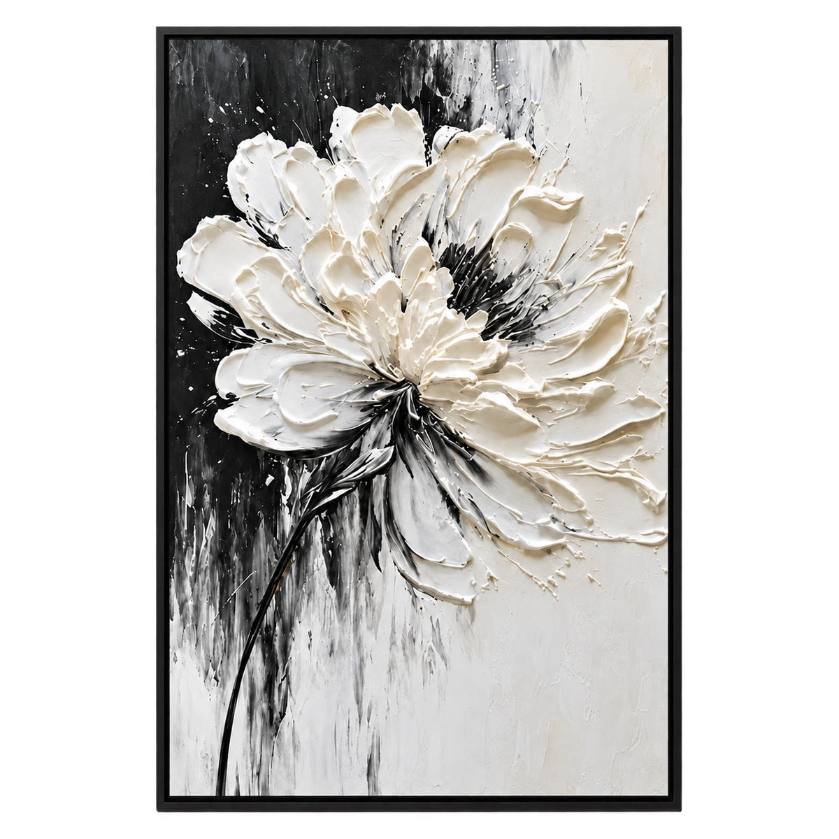Ownanart Hand-Painted White Flower on Black and White Background Oil Painting – Monochrome Impasto Floral Art, 3D Textured Vertical Canvas Wall Art for Living Room Bedroom Entryway and Office