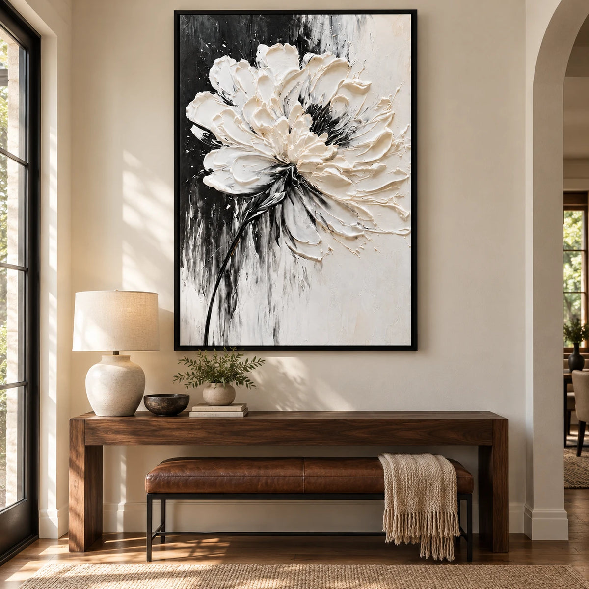 Ownanart Hand-Painted White Flower on Black and White Background Oil Painting – Monochrome Impasto Floral Art, 3D Textured Vertical Canvas Wall Art for Living Room Bedroom Entryway and Office