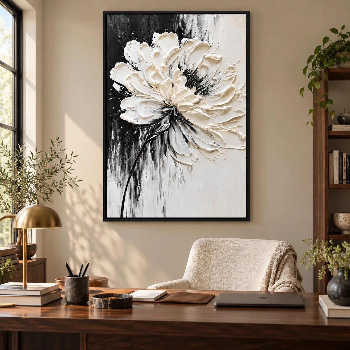 Ownanart Hand-Painted White Flower on Black and White Background Oil Painting – Monochrome Impasto Floral Art, 3D Textured Vertical Canvas Wall Art for Living Room Bedroom Entryway and Office