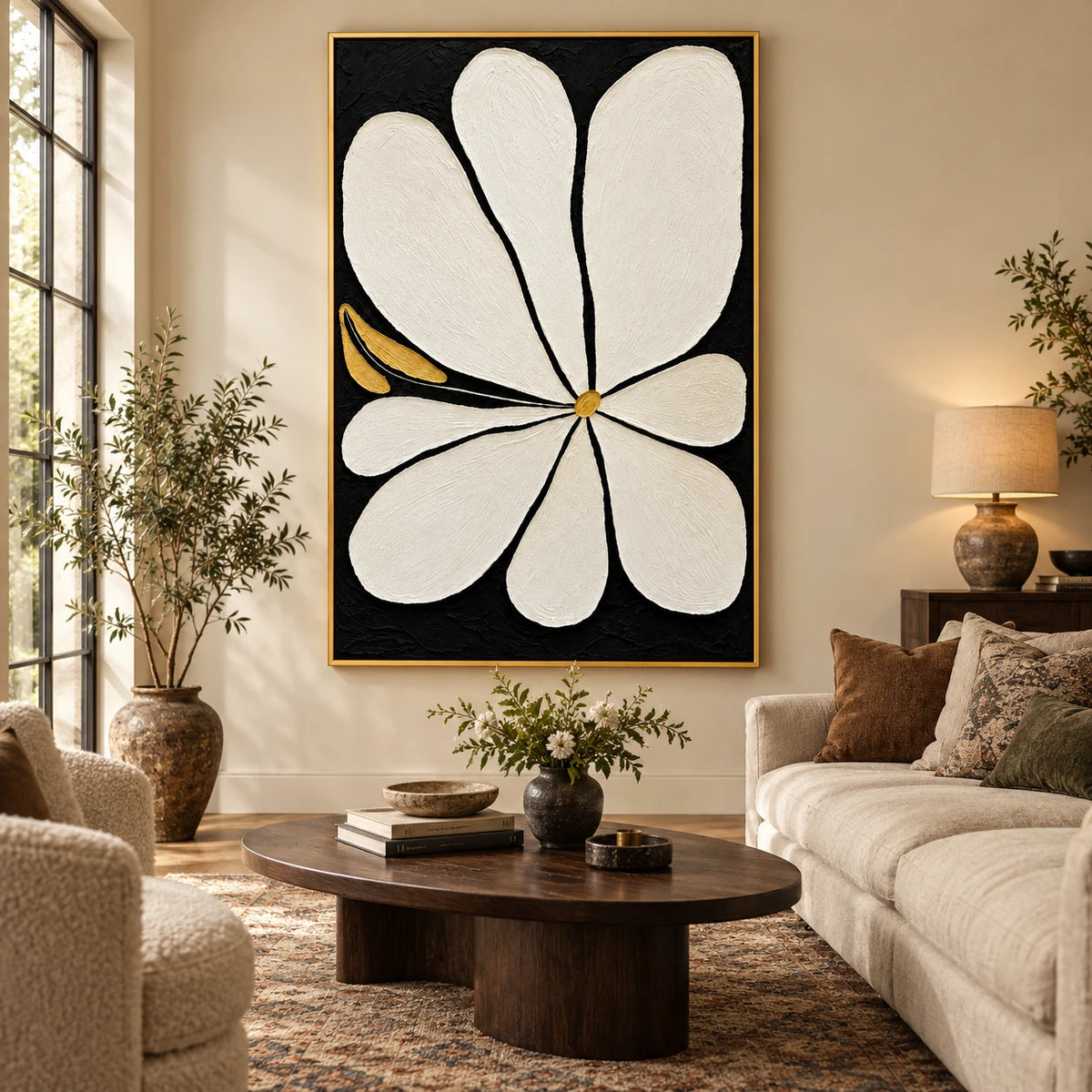 Ownanart Hand-Painted White Flower on Black with Gold Accents Oil Painting – 3D Textured Vertical Impasto Canvas Wall Art for Living Room Bedroom Entryway and Office