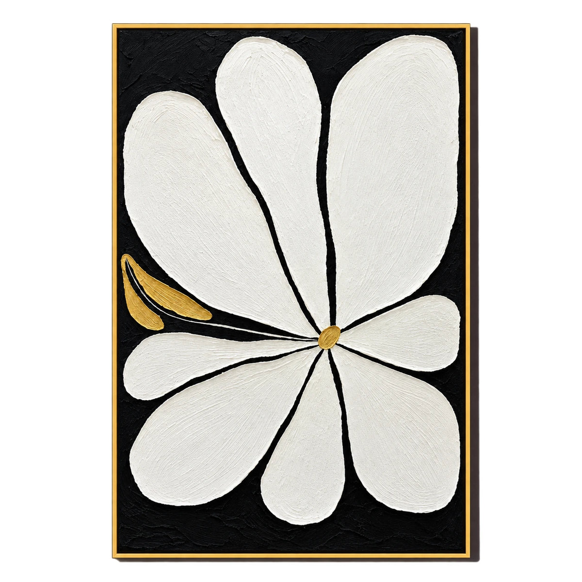 Ownanart Hand-Painted White Flower on Black with Gold Accents Oil Painting – 3D Textured Vertical Impasto Canvas Wall Art for Living Room Bedroom Entryway and Office