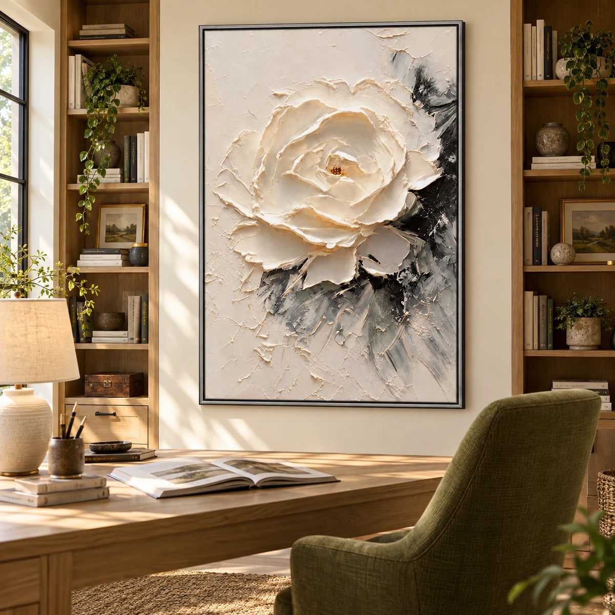 Ownanart Hand-Painted White Peony Flower Oil Painting – Neutral Floral Impasto Art, 3D Textured Vertical Canvas Wall Art, Original Painting for Living Room Bedroom Entryway and Office