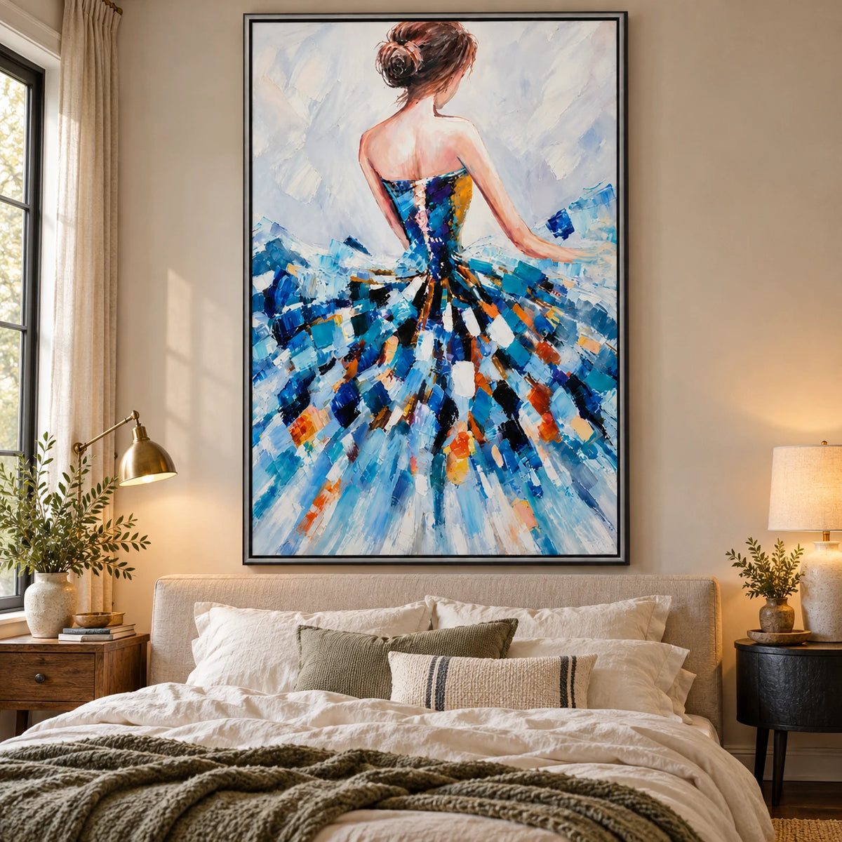 Ownanart Hand-Painted Woman in Blue Abstract Dress Oil Painting – Expressive Figurative Palette-Knife Art, 3D Textured Vertical Canvas Wall Art, Original Painting for Living Room Bedroom Entryway and Office