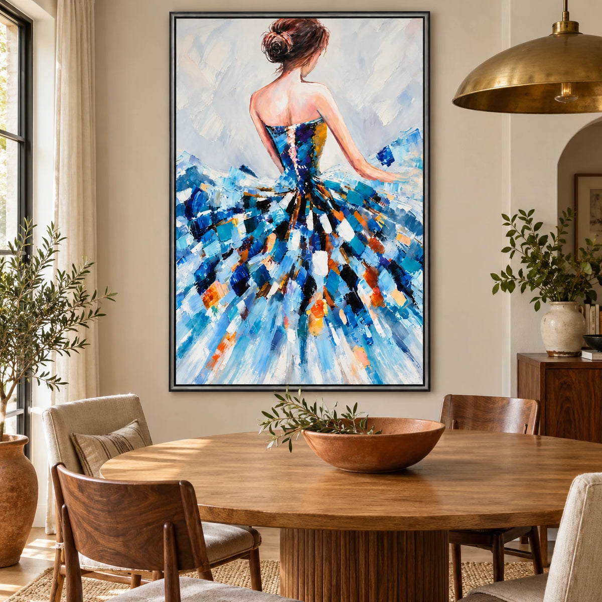 Ownanart Hand-Painted Woman in Blue Abstract Dress Oil Painting – Expressive Figurative Palette-Knife Art, 3D Textured Vertical Canvas Wall Art, Original Painting for Living Room Bedroom Entryway and Office