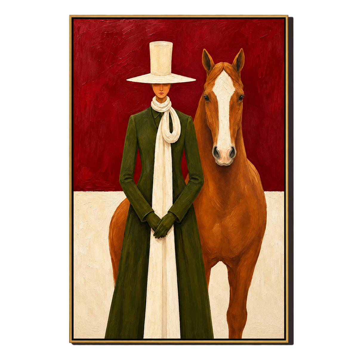 Ownanart Hand-Painted Woman in Green Coat with Chestnut Horse Oil Painting – Modern Figurative Equestrian Art, 3D Textured Vertical Canvas Wall Art, Original Painting for Living Room Bedroom Entryway and Office