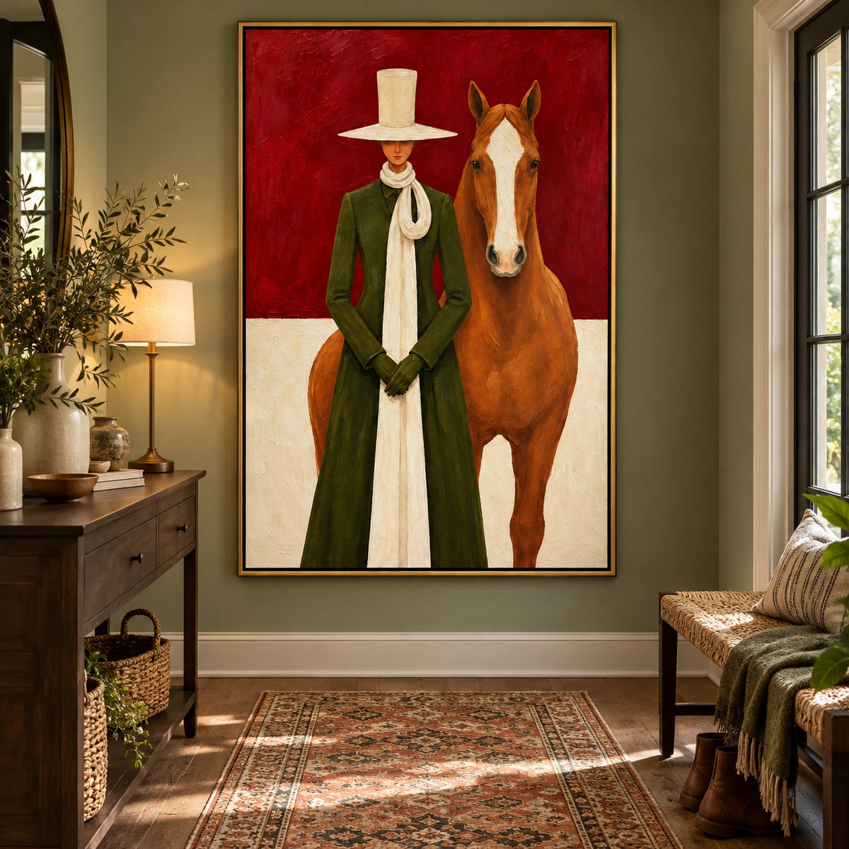 Ownanart Hand-Painted Woman in Green Coat with Chestnut Horse Oil Painting – Modern Figurative Equestrian Art, 3D Textured Vertical Canvas Wall Art, Original Painting for Living Room Bedroom Entryway and Office