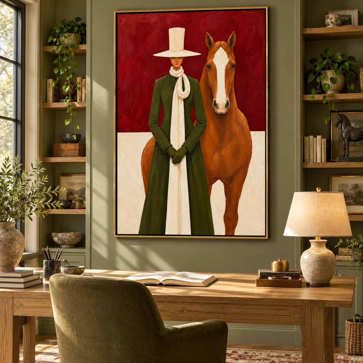 Ownanart Hand-Painted Woman in Green Coat with Chestnut Horse Oil Painting – Modern Figurative Equestrian Art, 3D Textured Vertical Canvas Wall Art, Original Painting for Living Room Bedroom Entryway and Office