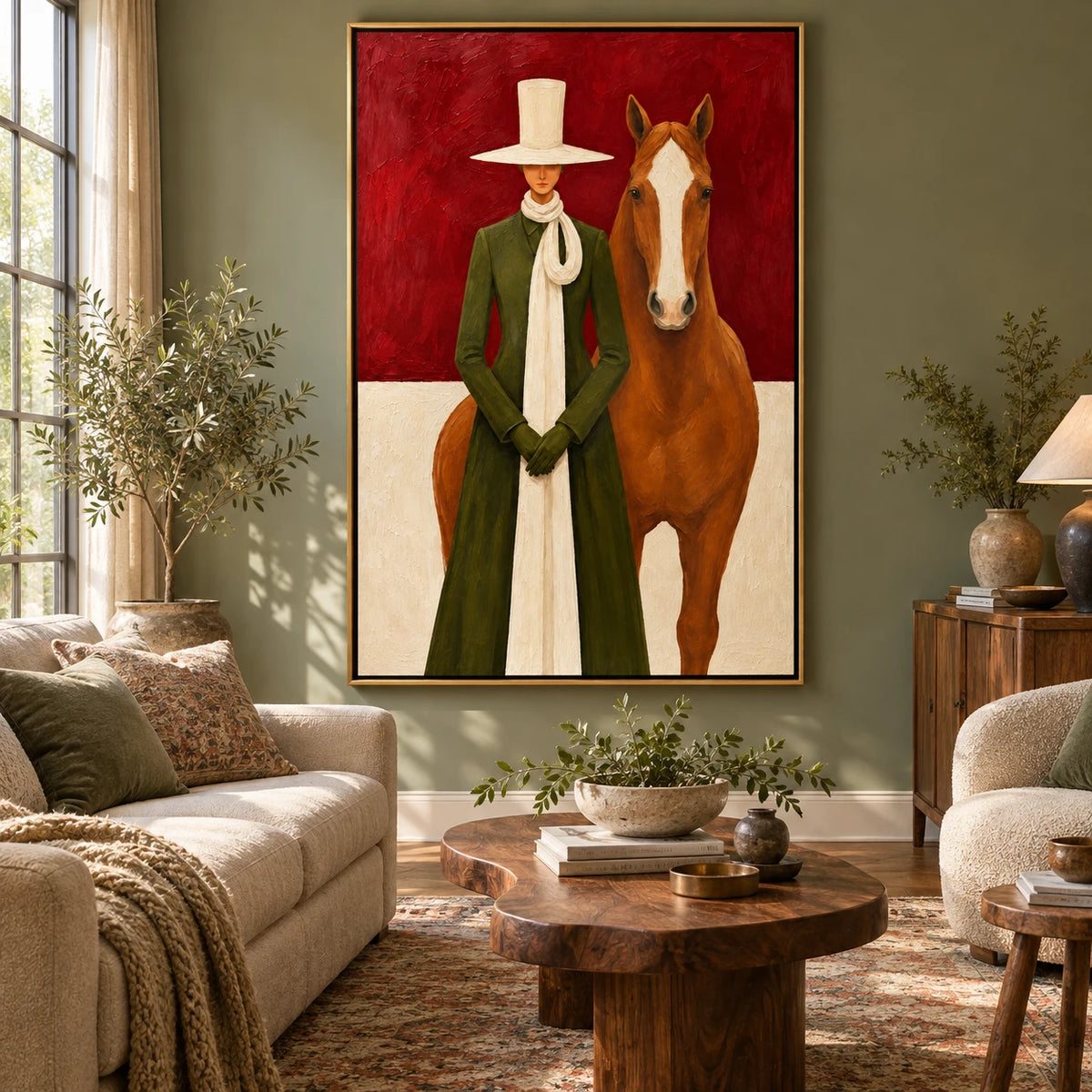 Ownanart Hand-Painted Woman in Green Coat with Chestnut Horse Oil Painting – Modern Figurative Equestrian Art, 3D Textured Vertical Canvas Wall Art, Original Painting for Living Room Bedroom Entryway and Office