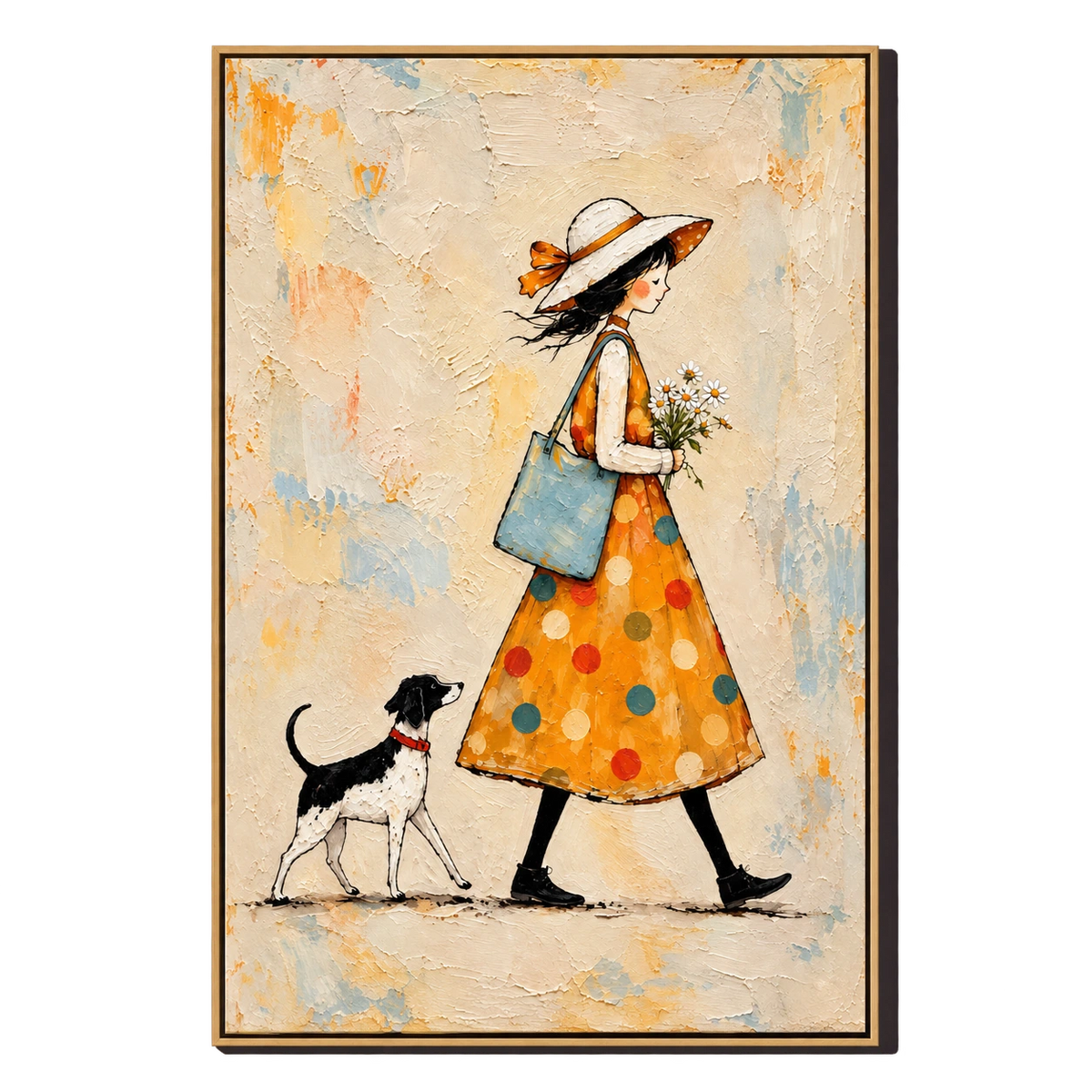 Ownanart Hand-Painted Woman in Orange Dress Walking Dog Oil Painting – Whimsical Figurative Folk Art, 3D Textured Vertical Canvas Wall Art, Original Painting for Living Room Bedroom Entryway and Office