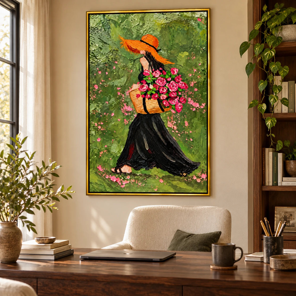 Ownanart Hand-Painted Woman in Orange Hat Carrying Pink Roses Oil Painting – Expressive Figurative Floral Art, 3D Textured Vertical Canvas Wall Art for Living Room Bedroom Entryway and Office