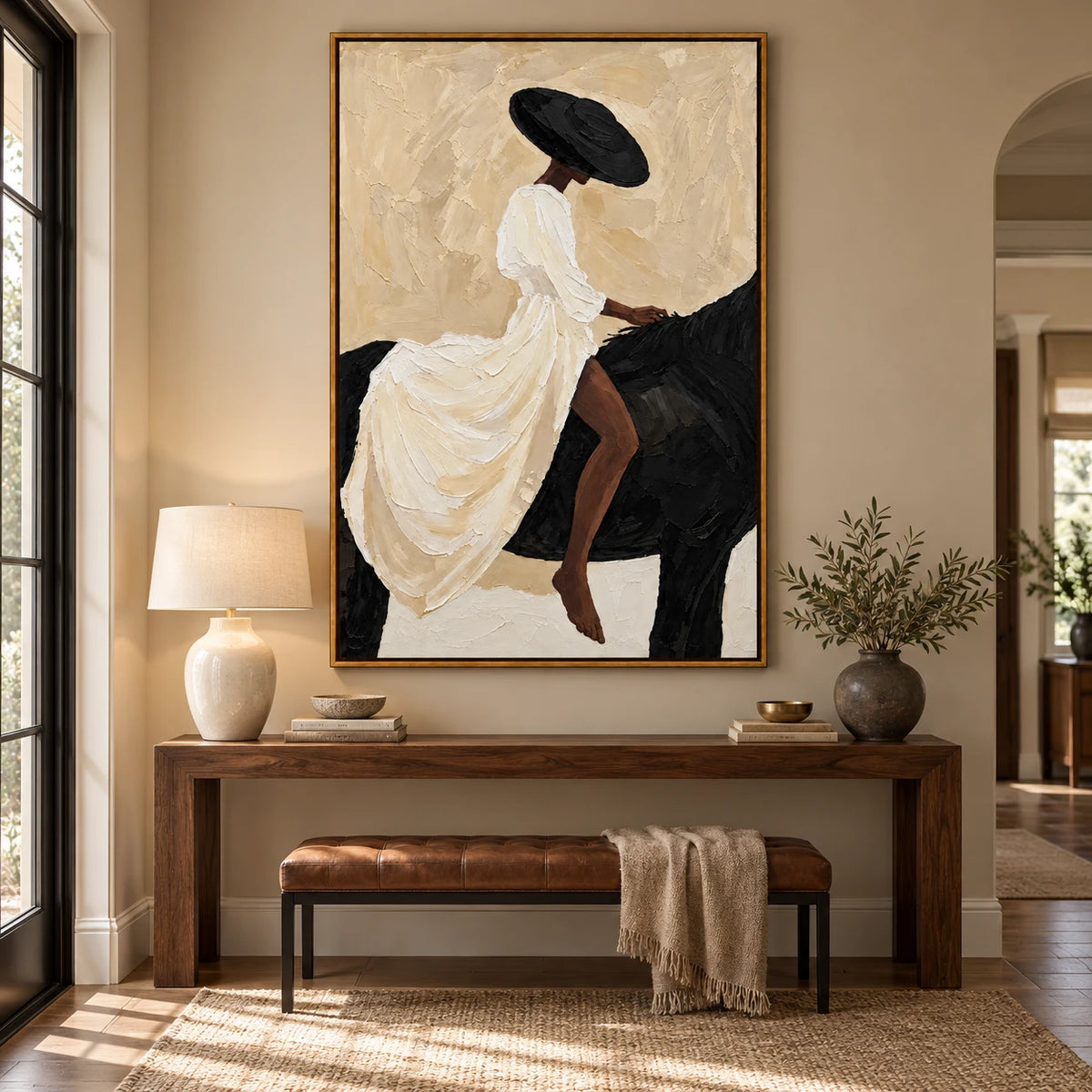 Ownanart Hand-Painted Woman in White Dress Riding Black Horse Oil Painting – Minimalist Figurative Equestrian Art, 3D Textured Vertical Canvas Wall Art for Living Room Bedroom Entryway and Office