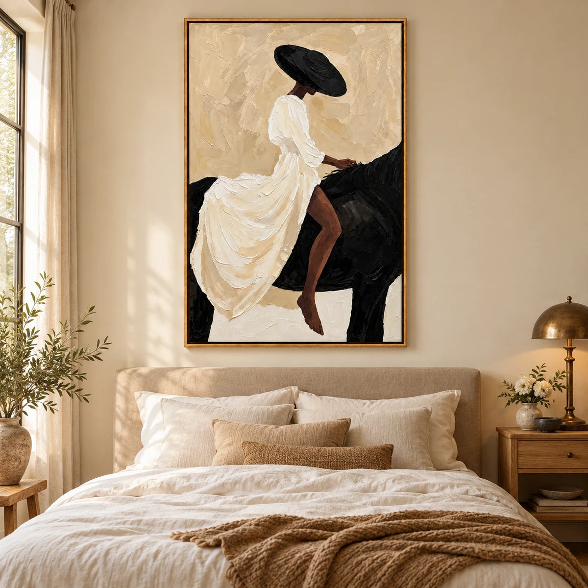 Ownanart Hand-Painted Woman in White Dress Riding Black Horse Oil Painting – Minimalist Figurative Equestrian Art, 3D Textured Vertical Canvas Wall Art for Living Room Bedroom Entryway and Office