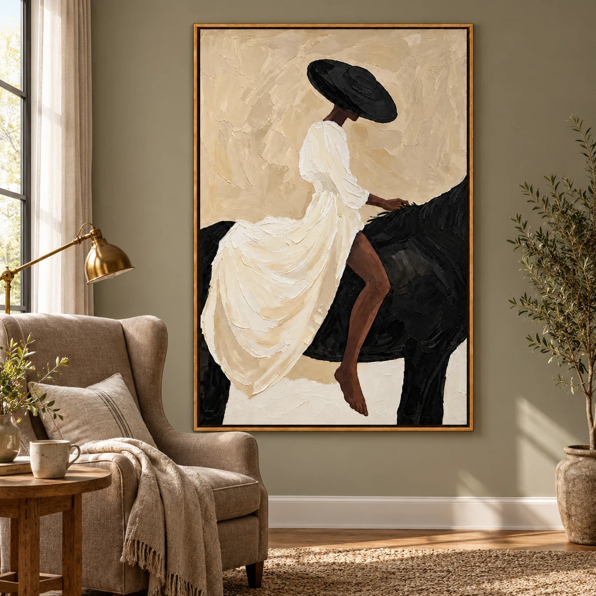 Ownanart Hand-Painted Woman in White Dress Riding Black Horse Oil Painting – Minimalist Figurative Equestrian Art, 3D Textured Vertical Canvas Wall Art for Living Room Bedroom Entryway and Office