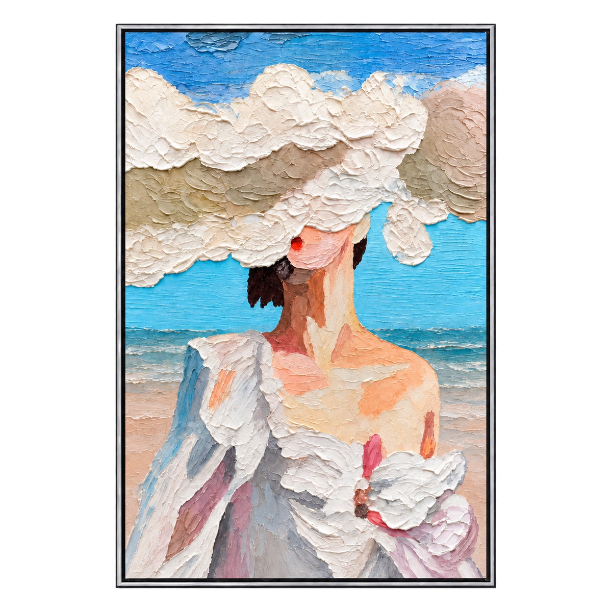 Ownanart Hand-Painted Woman in White Sun Hat by the Sea Oil Painting – Expressive Coastal Figurative Art, 3D Textured Vertical Canvas Wall Art for Living Room Bedroom Entryway and Office