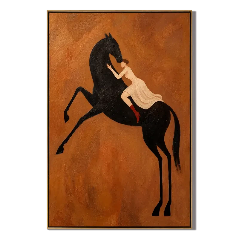 Ownanart Hand-Painted Woman on Rearing Black Horse Oil Painting – Vertical terracotta equestrian canvas, vertical figurative wall art, Original Canvas Art for Living Room and Office