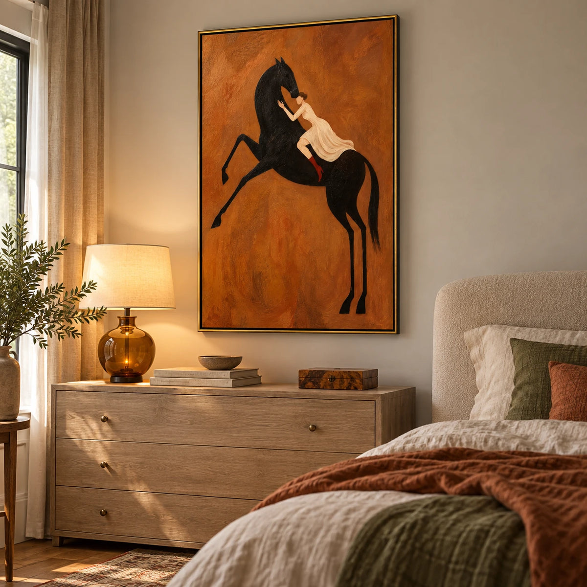 Ownanart Hand-Painted Woman on Rearing Black Horse Oil Painting – Vertical terracotta equestrian canvas, vertical figurative wall art, Original Canvas Art for Living Room and Office