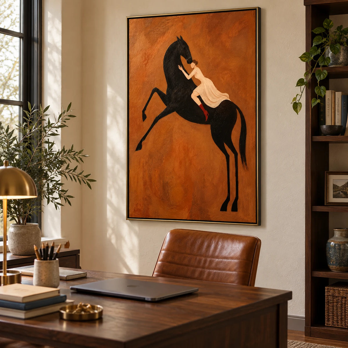 Ownanart Hand-Painted Woman on Rearing Black Horse Oil Painting – Vertical terracotta equestrian canvas, vertical figurative wall art, Original Canvas Art for Living Room and Office