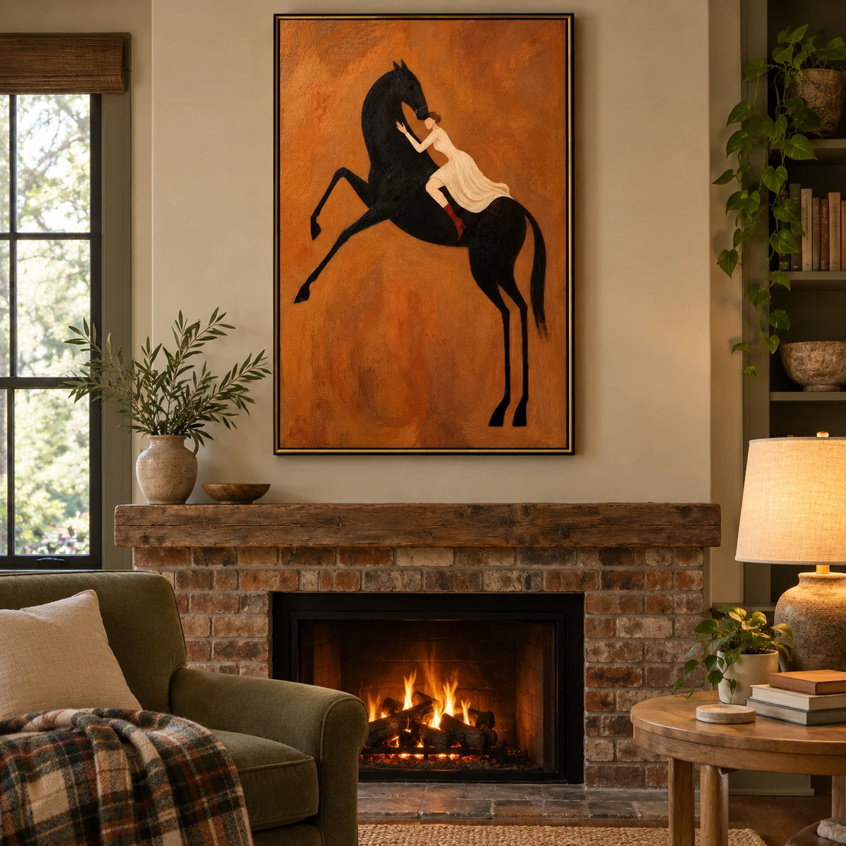 Ownanart Hand-Painted Woman on Rearing Black Horse Oil Painting – Vertical terracotta equestrian canvas, vertical figurative wall art, Original Canvas Art for Living Room and Office
