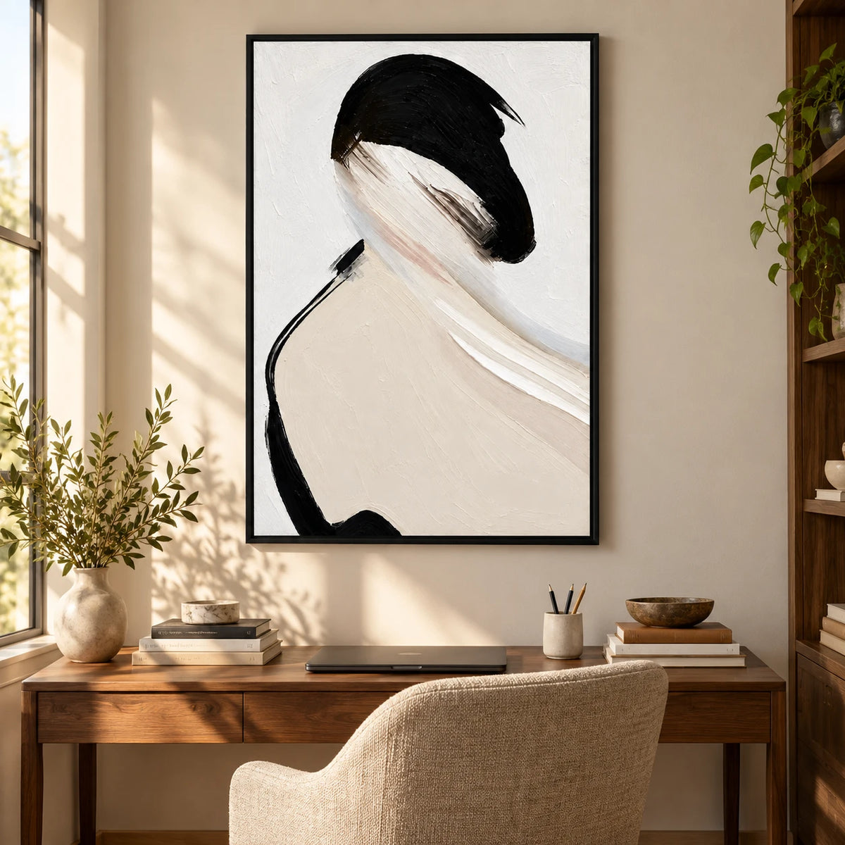 Ownanart Hand-Painted Woman with Black Bob and Ivory Shoulder Oil Painting – Textured Vertical Canvas Wall Art for Living Room and Office