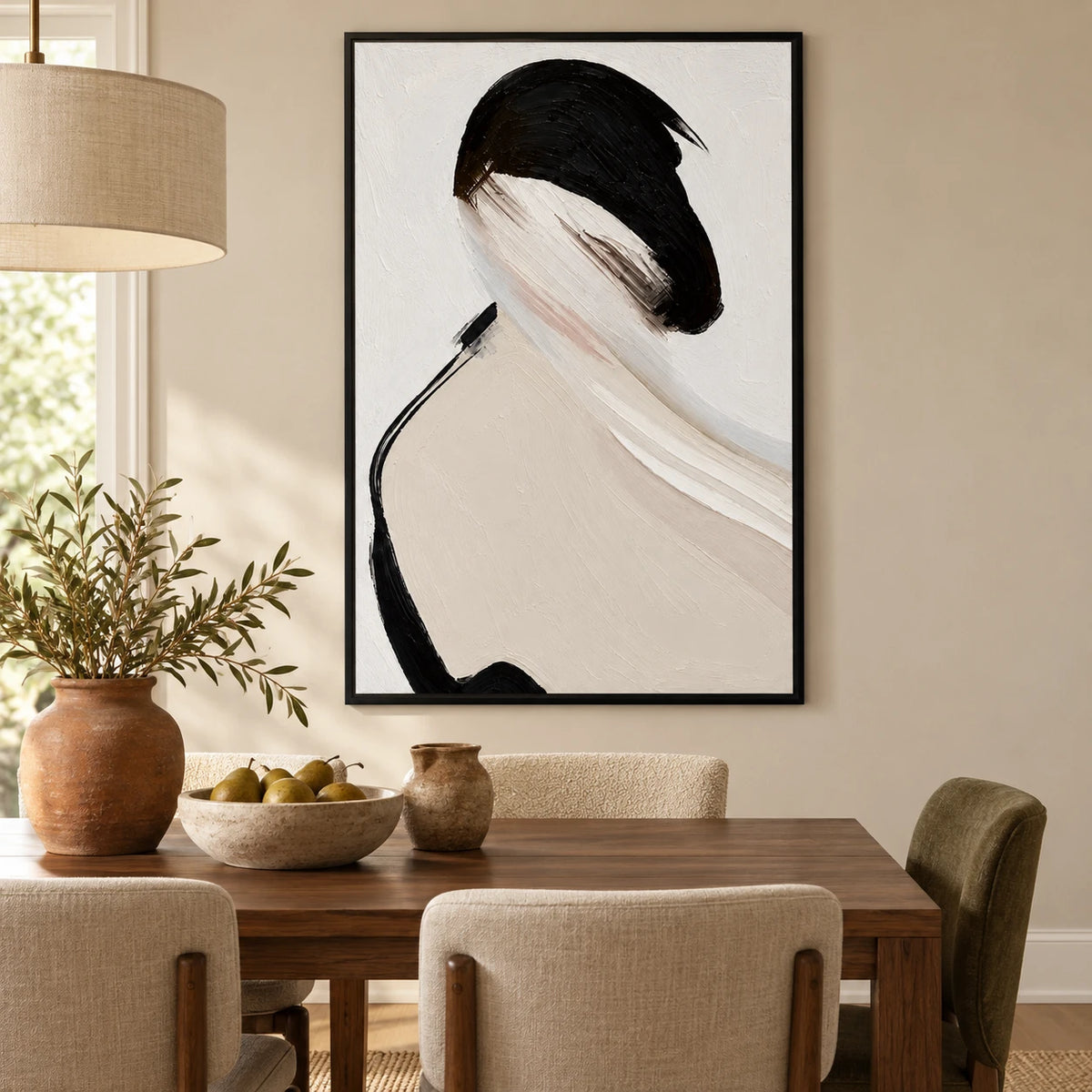 Ownanart Hand-Painted Woman with Black Bob and Ivory Shoulder Oil Painting – Textured Vertical Canvas Wall Art for Living Room and Office