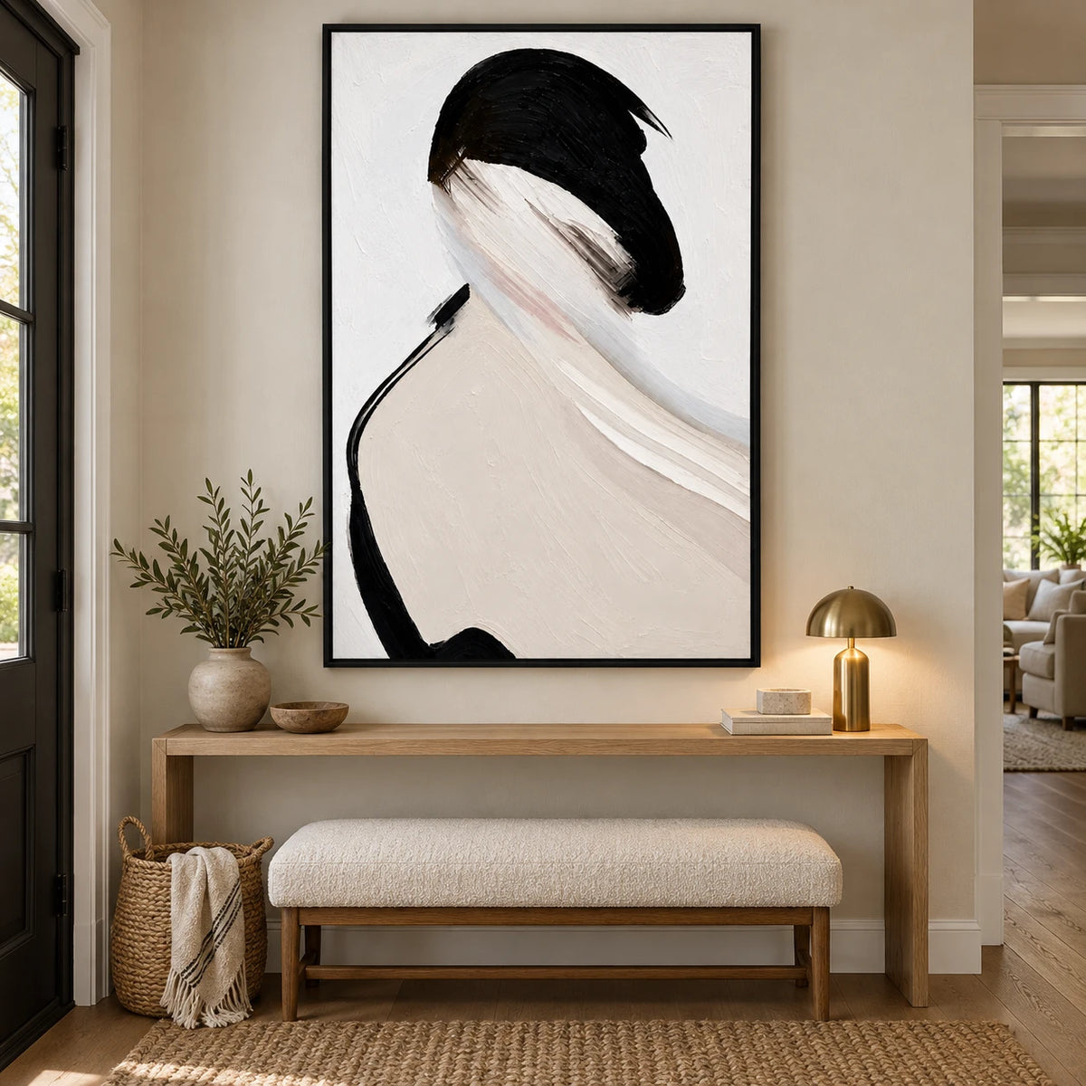 Ownanart Hand-Painted Woman with Black Bob and Ivory Shoulder Oil Painting – Textured Vertical Canvas Wall Art for Living Room and Office