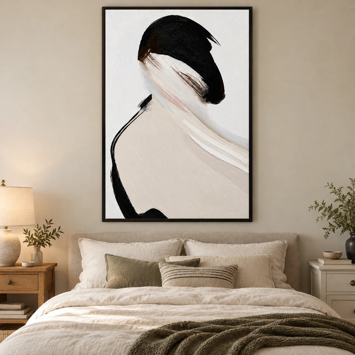 Ownanart Hand-Painted Woman with Black Bob and Ivory Shoulder Oil Painting – Textured Vertical Canvas Wall Art for Living Room and Office