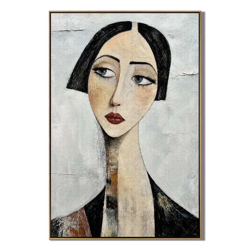 Ownanart Hand-Painted Woman with Black Bob Portrait Oil Painting – Vertical elongated female face canvas, modern figurative wall art, Original Canvas Art for Living Room and Office